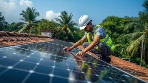 A Bodhie Solar technician installing an MNRE-compliant solar panel on a residential rooftop in Kerala