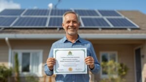 A homeowner showing their solar system installation certificate from an MNRE-empanelled company