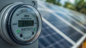 A net meter spinning, showing electricity being exported to the KSEB grid from an on-grid solar system in Kerala