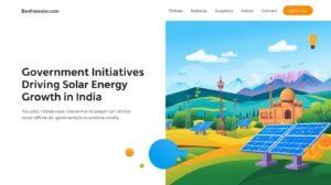 A graphic illustrating various government initiatives like the "PM Surya Ghar" and "PM KUSUM" schemes, with arrows pointing to a growing solar ecosystem in India.