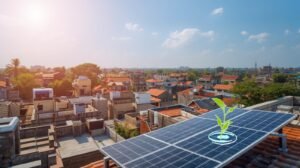 rooftop solar panel installation with an arrow pointing to a smiling homeowner in India