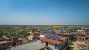 Solar panels providing clean energy for a rural home and a farm, illustrating solar opportunities in rural India.