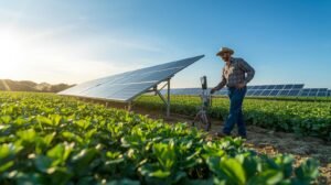 A farmer operating a solar-powered water pump for irrigation, a direct benefit of the PM-KUSUM scheme in India.