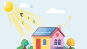 A financial graph and calculator shown with a solar panel to represent the tax benefits of installing solar in India.