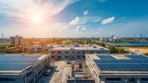 A modern smart home with rooftop solar panels and an electric car charging station, representing 2024 solar trends in India.