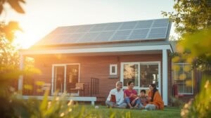 A happy Indian family standing outside their home with rooftop solar panels, symbolizing energy independence and financial savings.