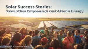 A community in a rural village celebrating with lights from new solar panels, a success story of clean energy empowerment.
