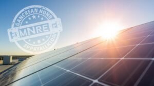 Ministry of New and Renewable Energy (MNRE) India logo next to a residential rooftop solar panel installation, symbolizing government approval for solar projects.