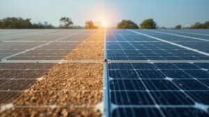 A split image of a clean solar panel versus a dirty solar panel, showing how dust in India can drastically reduce energy efficiency.