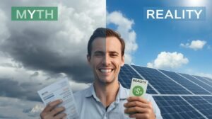 A visual debunking common solar energy myths in India, showing a clear contrast between misconceptions like high costs and low efficiency and the reality of affordable, reliable solar power.