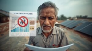 A homeowner in Kerala looking concerned while holding an electricity bill, illustrating the negative impact of new net metering regulations on solar prosumers.